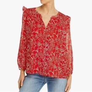 Parker Silk Floral Print Ruffle Shoulder Top Red Aurora, EUC, Medium MSRP $318